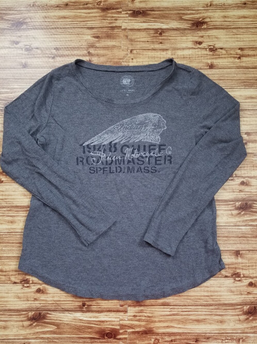 Lucky Brand Women's XL Indian Motorcycls Gray Thermal Long-Sleeve Graphic Shirt